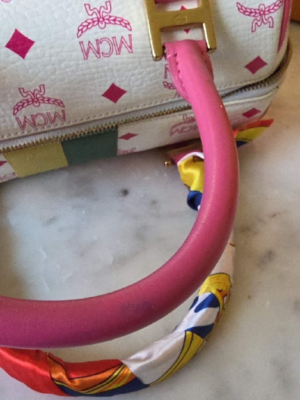 MCM Princess Lion White Satchel with Pink Handles & Trim W/ Gold Hardware - Picture 14 of 14